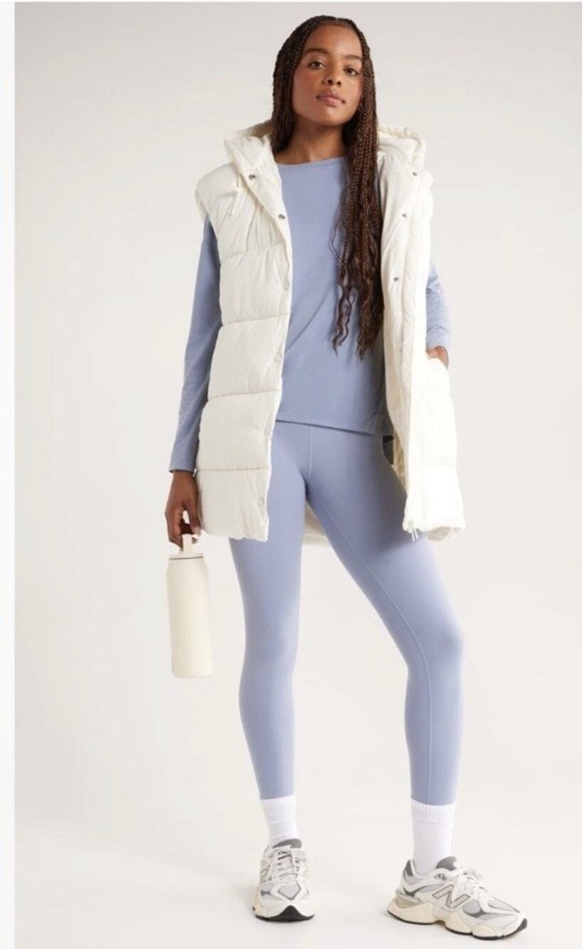 Zella Long Hooded Puffer Vest in Cream Size M
